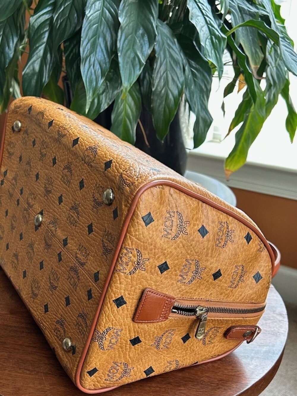 MCM Monogram Visetos Boston Bag, Cognac Tan 👜 - Picture 10 of 13